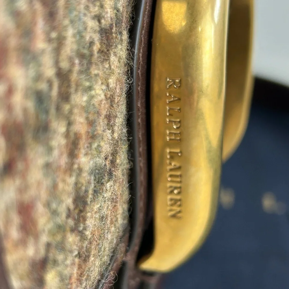 RARE POLO RALPH LAUREN WELLINGTON PATCHWORK TWEED CROSSBODY BAG PURSE BROWN - Picture 8 of 15